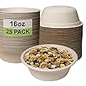 EcoQuality [25 Pack 16 oz Compostable Paper Bowls Heavy-Duty Disposable Bowls, Eco-Friendly Natural Bagasse Unbleached, Hot or Cold Use, 100%