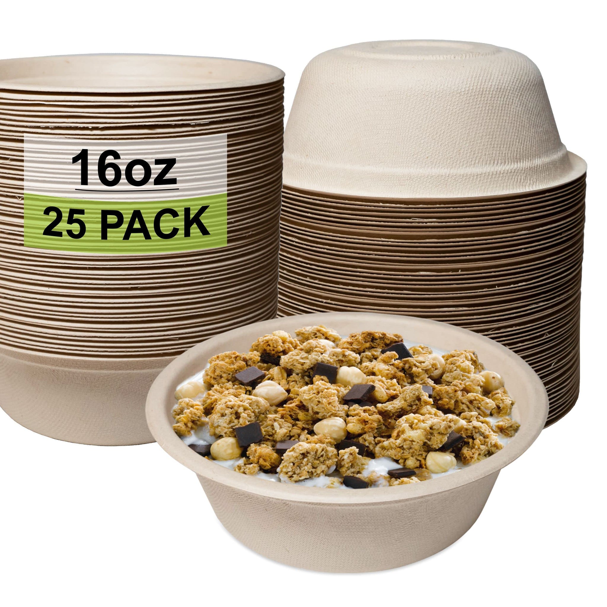 EcoQuality [25 Pack 16 oz Compostable Paper Bowls Heavy-Duty Disposable Bowls, Eco-Friendly Natural Bagasse Unbleached, Hot or Cold Use, 100%