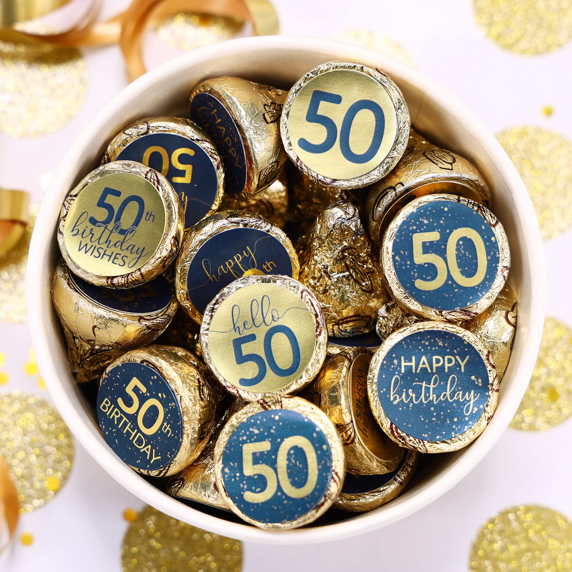DISTINCTIVS Navy Blue and Gold Foil 50th Birthday Kiss Stickers - 180 Count - Real Gold Foil - 50th Birthday Party Favors for Men and Women