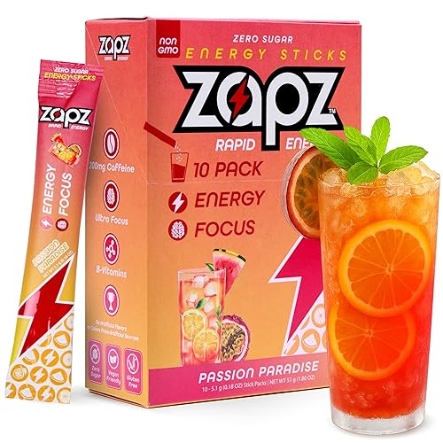 ZAPZ Caffeine Packets - Passion Fruit & Watermelon, 10-Pack, Sugar Free Energy Drink Mix Powder with 200mg Caffeine for Nootropics Focus Support