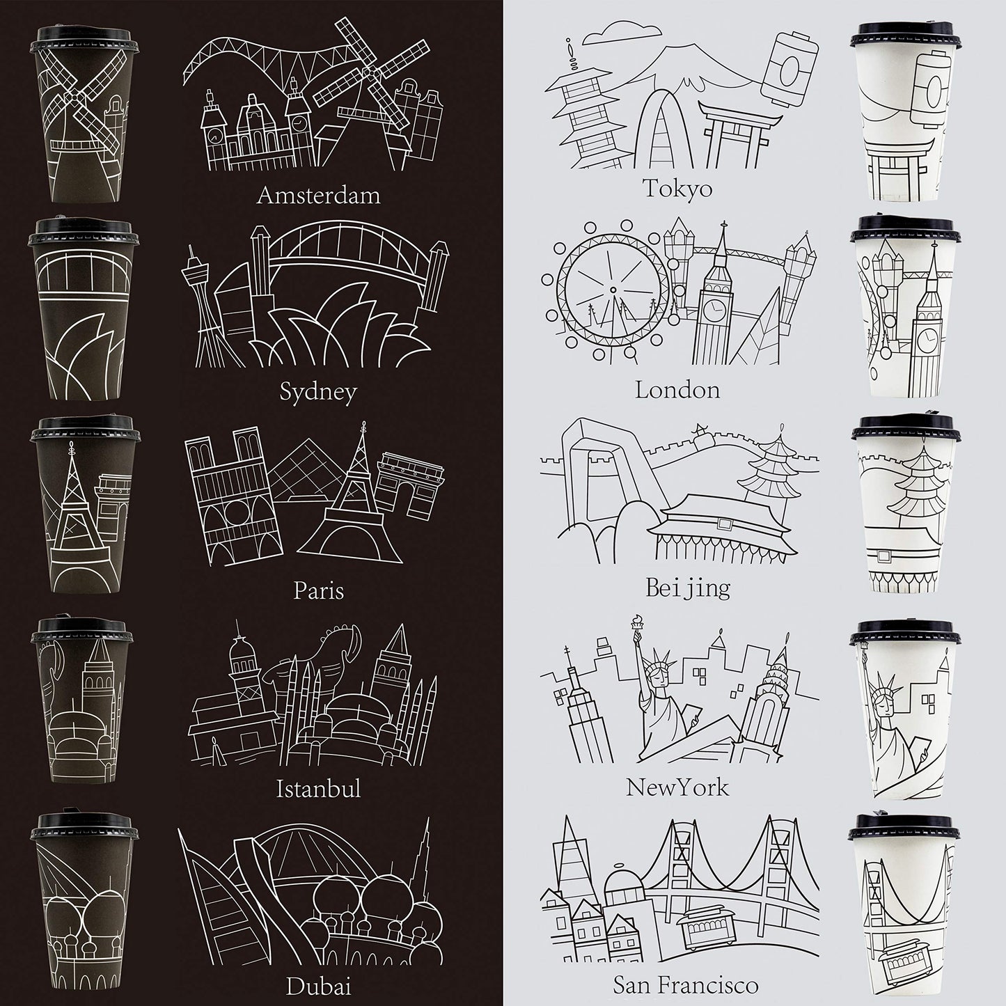 Youngever 70 Sets Disposable Coffee Cups with Lids, To Go Hot Coffee Cups, Durable Paper Cups with Lids, City Skyline Design