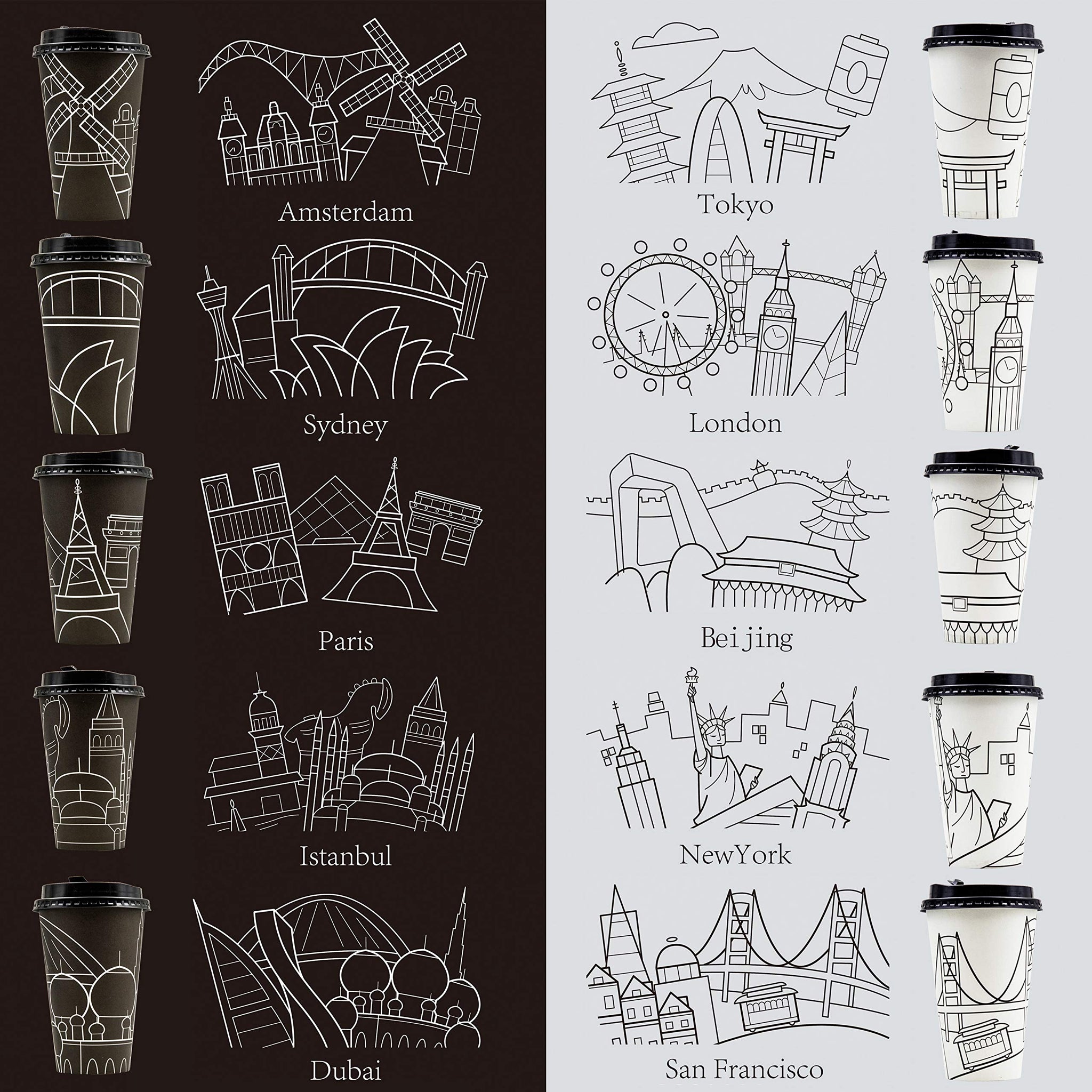 Youngever 70 Sets Disposable Coffee Cups with Lids, To Go Hot Coffee Cups, Durable Paper Cups with Lids, City Skyline Design