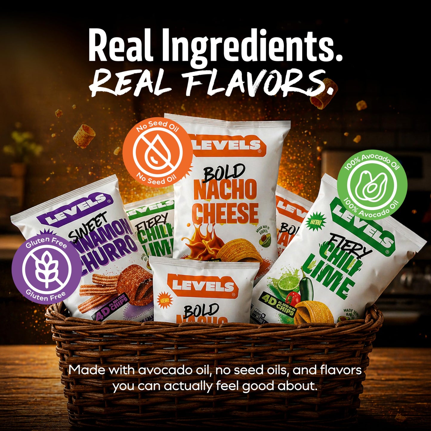 LEVELS 4D Sweet Cinnamon Churro Chips, Nacho Cheese & Chili Lime (12-Pack) by Brent Rivera - Gluten-Free, Non-GMO, Crispy Avocado Oil Chips - Corn