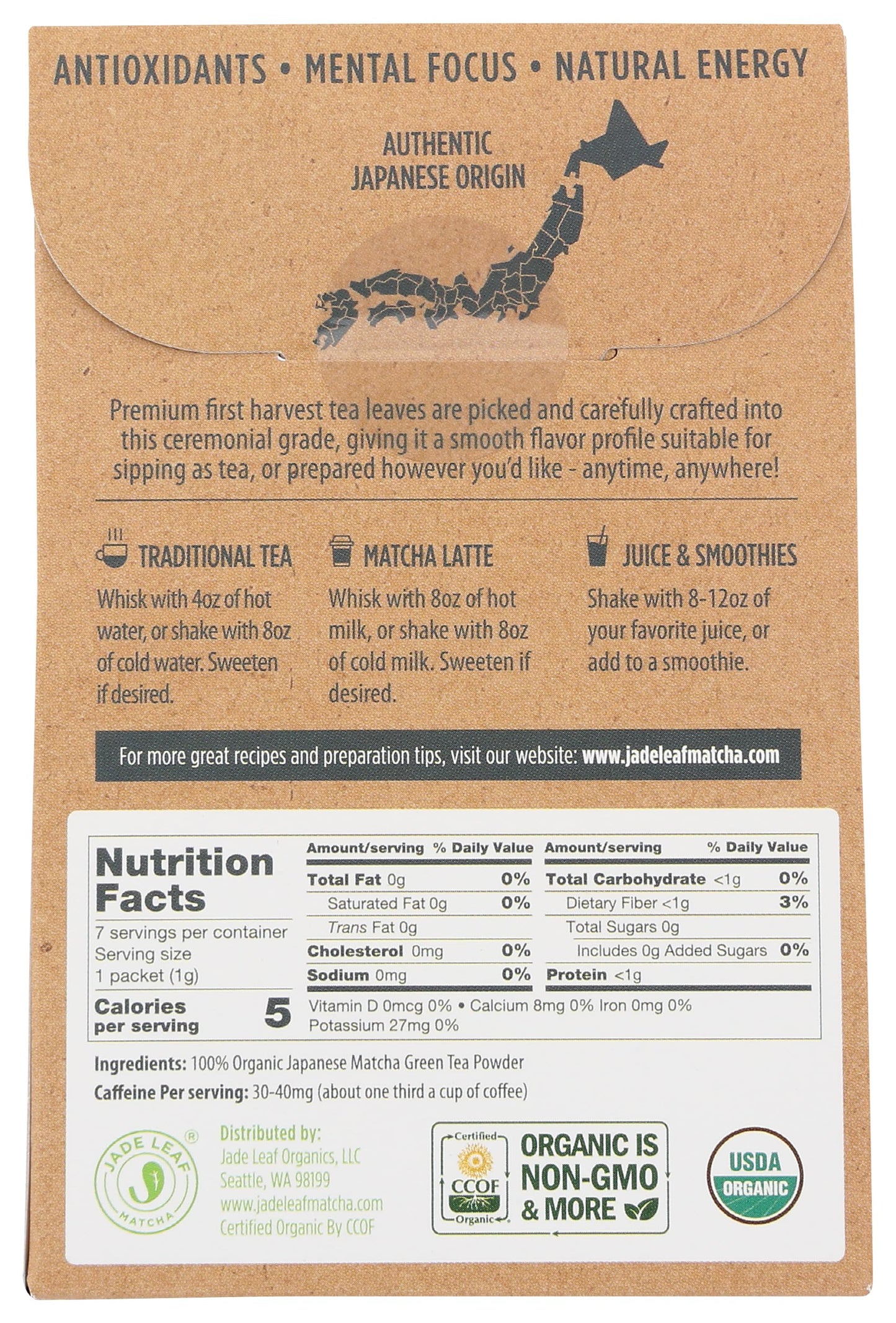 Jade Leaf Matcha, Matcha Japanese Ceremonial Grade Organic, 7 Count, 7 Gram