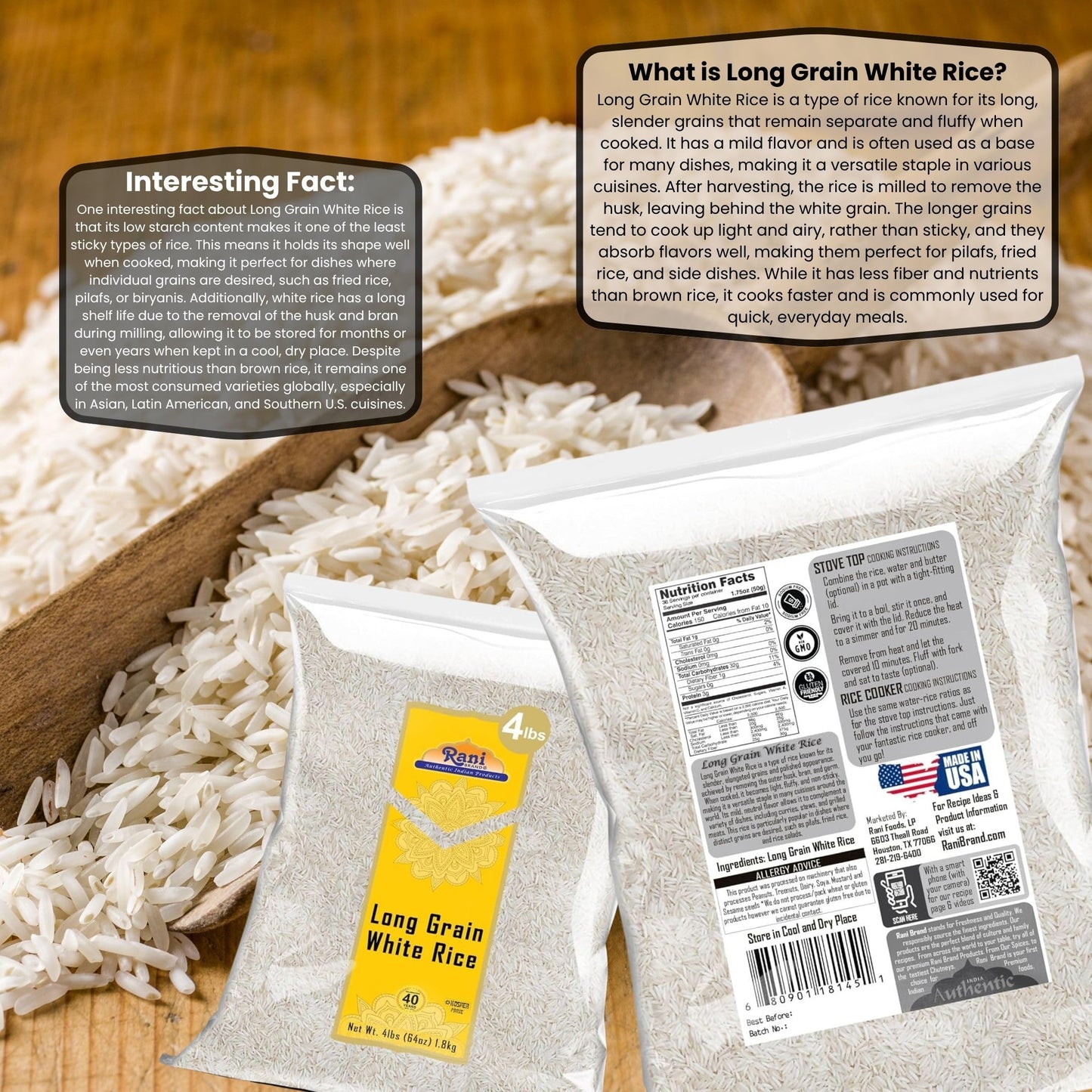 Rani Long Grain White Rice 64oz (4lbs) 1.81kg Bulk ~ All Natural | Gluten Friendly | Vegan | Non-GMO | Kosher | Product of USA