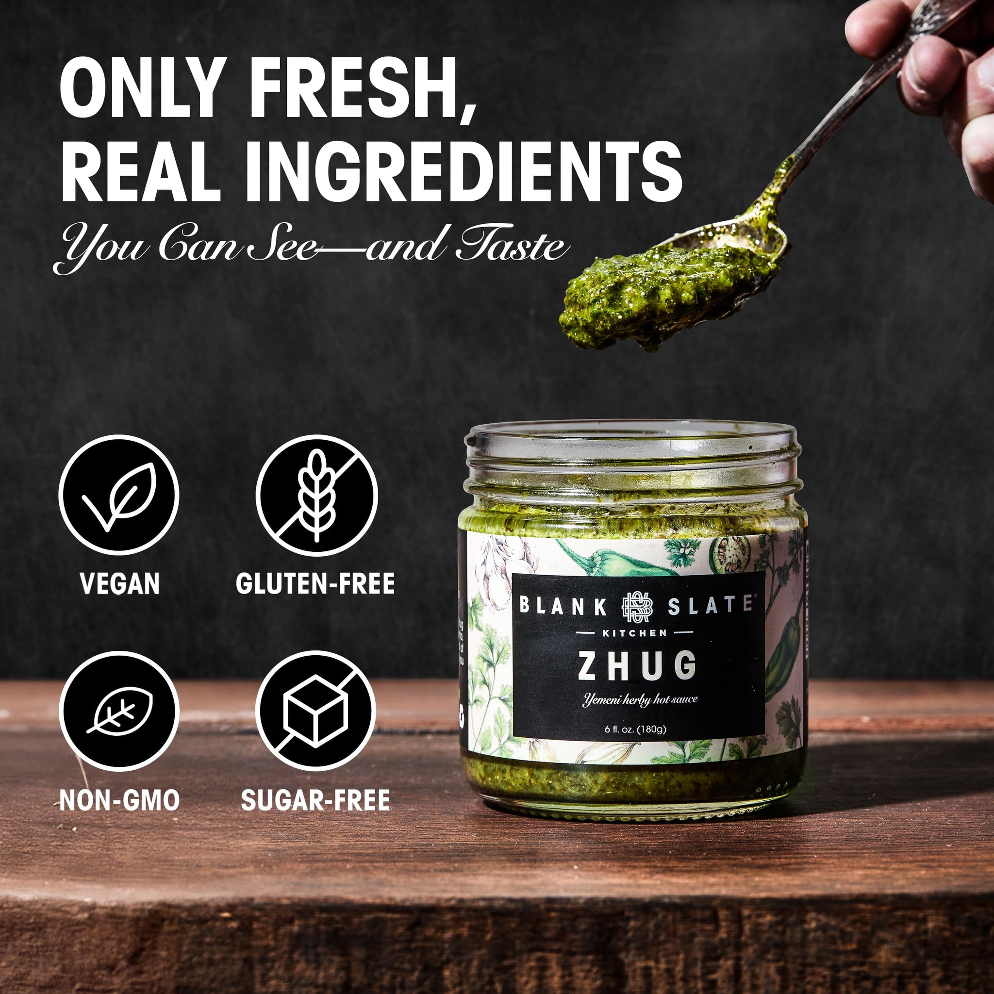 Blank Slate Kitchen Zhug (6 oz) | Spicy Middle Eastern Herby Green Hot Sauce (Yemeni Skhug) | Vegan & Gluten-free | Blend of Jalapenos, Cilantro