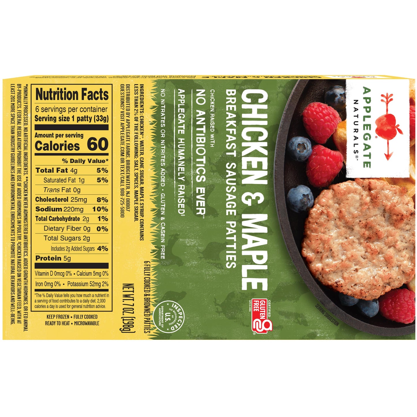 Applegate Naturals Chicken & Maple Breakfast Sausage Patties, Fully Cooked, 7oz (Frozen)