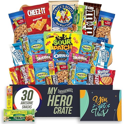 Military Encouragement - Small Snack Box (30 Piece Variety Gift Basket Care Package) Chips, Candy, Peanuts, Popcorn, Cookies, Gummy Snacks, Chocolates