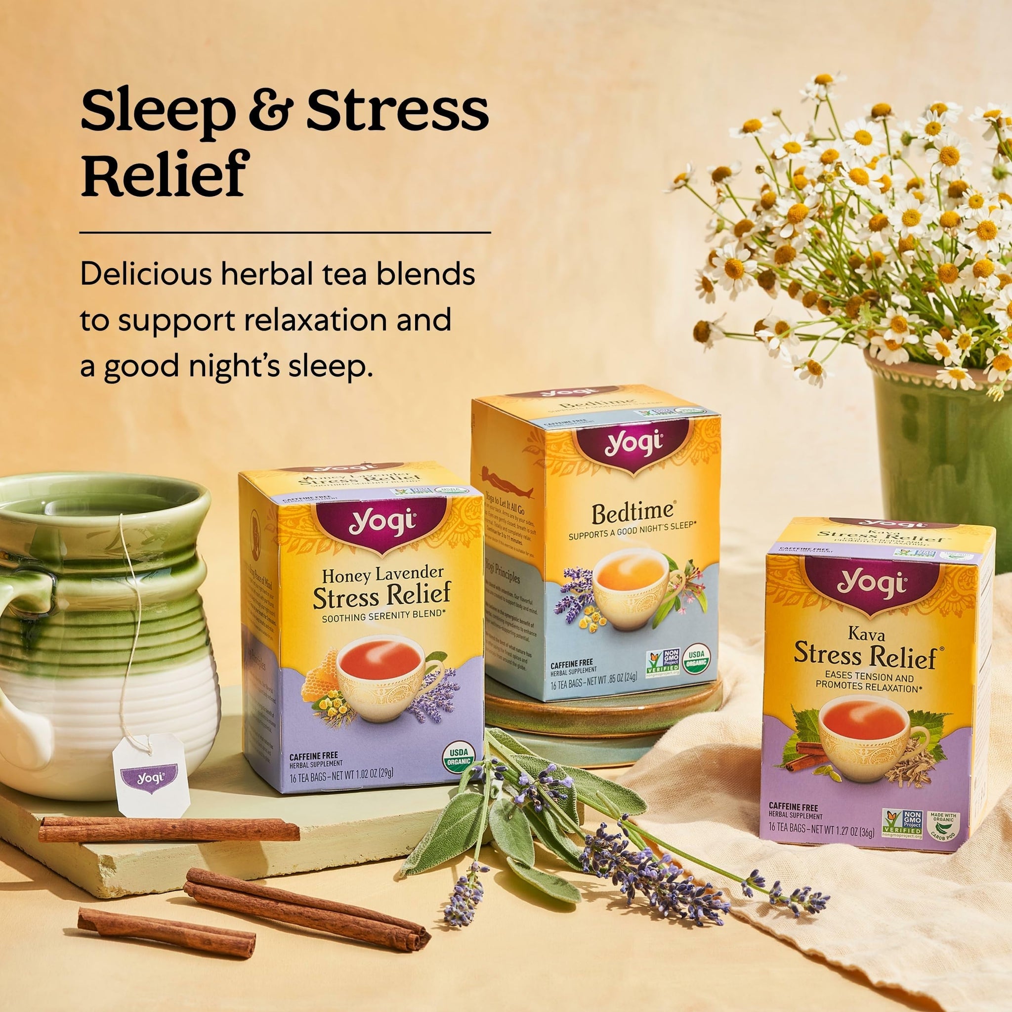 Yogi Tea Honey Lavender Stress Relief - 16 Bags per Pack (4 Packs) - Organic Chamomile Lavender Tea - Includes Lemon Balm, Lemongrass, Spearmint Leaf