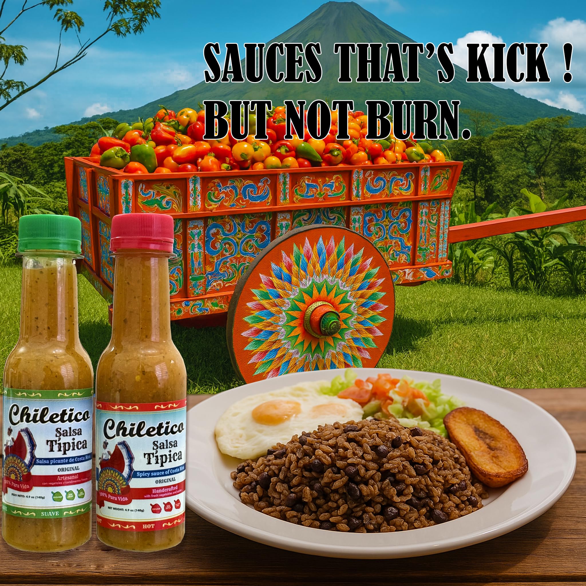 Chiletico Típica Sauce - 2 Mild + 2 Hot - Traditional Costa Rican Salsa - Artisan Handmade Flavor for Meats, Tamales, Rice & More - 4.9 oz (150 g)