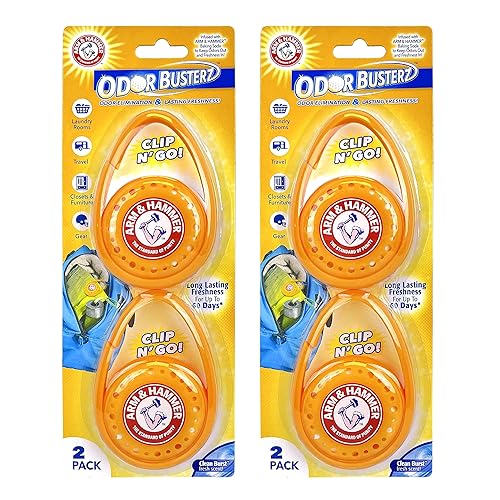 Arm & Hammer OdorBusterz ClipMATE™, Clean Burst, 4 Count - Clip-On Odor Absorber with Baking Soda, Carabiner Clip for Gym Bags, Backpacks & Travel