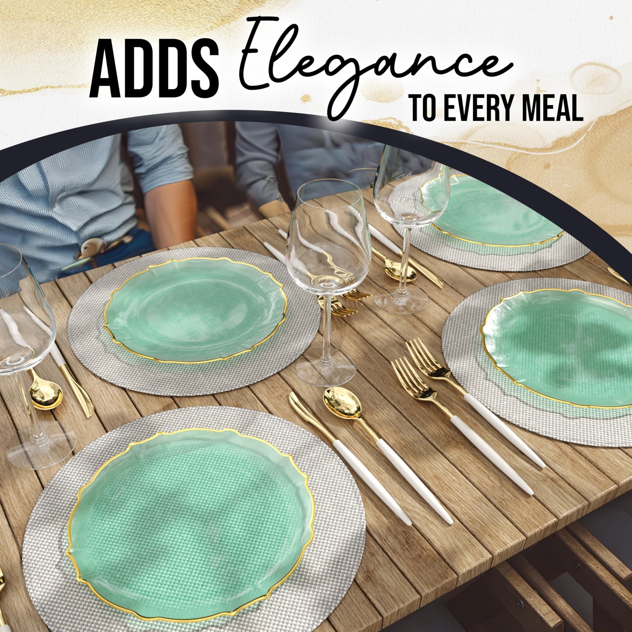 Exquisite Elegant Plastic Dinner Plates - 40 x 9 inch Disposable Plates for Party - Mint with Gold Rim