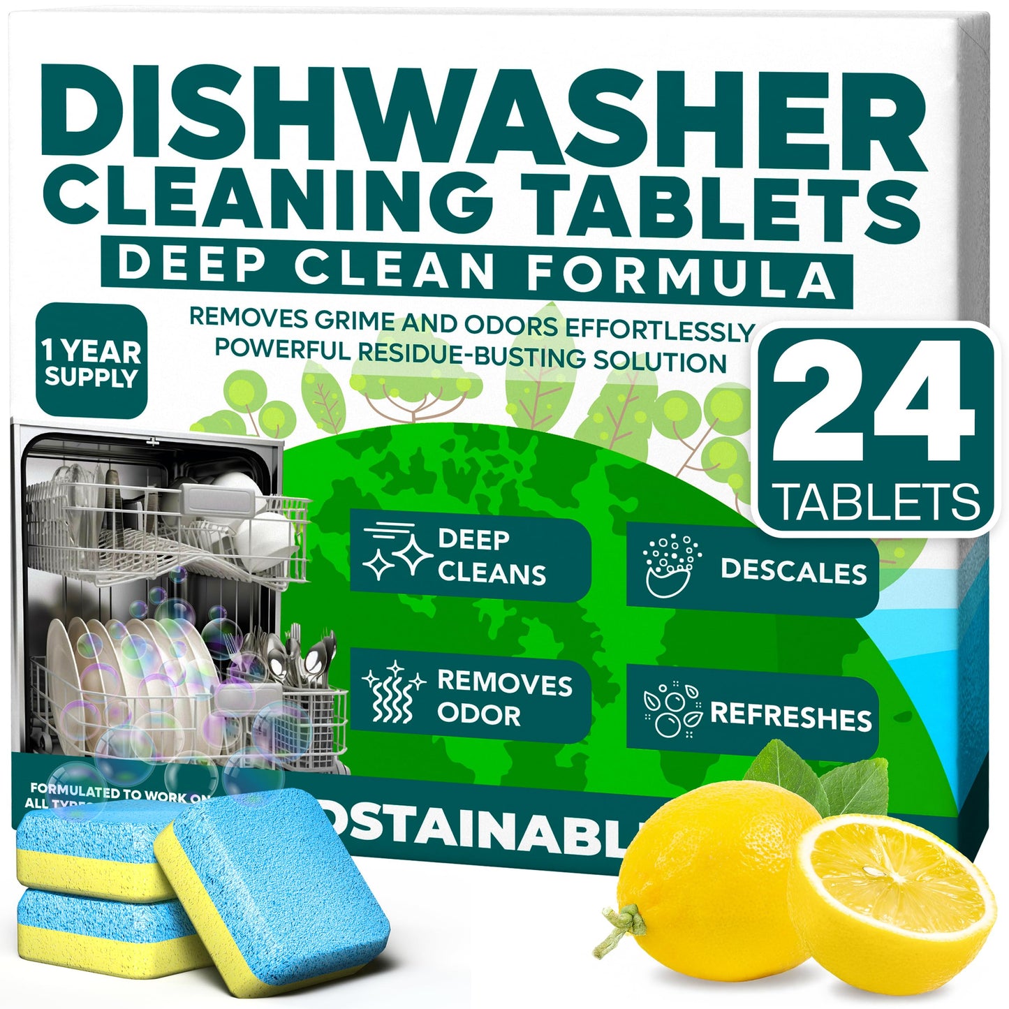 Sudstainables Dishwasher Cleaner and Deodorizer Tablets, 24 Pack - Dishwasher Cleaning Tablets for Odor and Buildup Removal, Descaler - 1-Year Supply