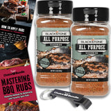 Blackstone All Purpose (AP) Seasoning - Gourmet Griddle Premium Barbecue Rub 2 Pk (14.6 oz) + BBQ Masters & Opener (4 Items)!