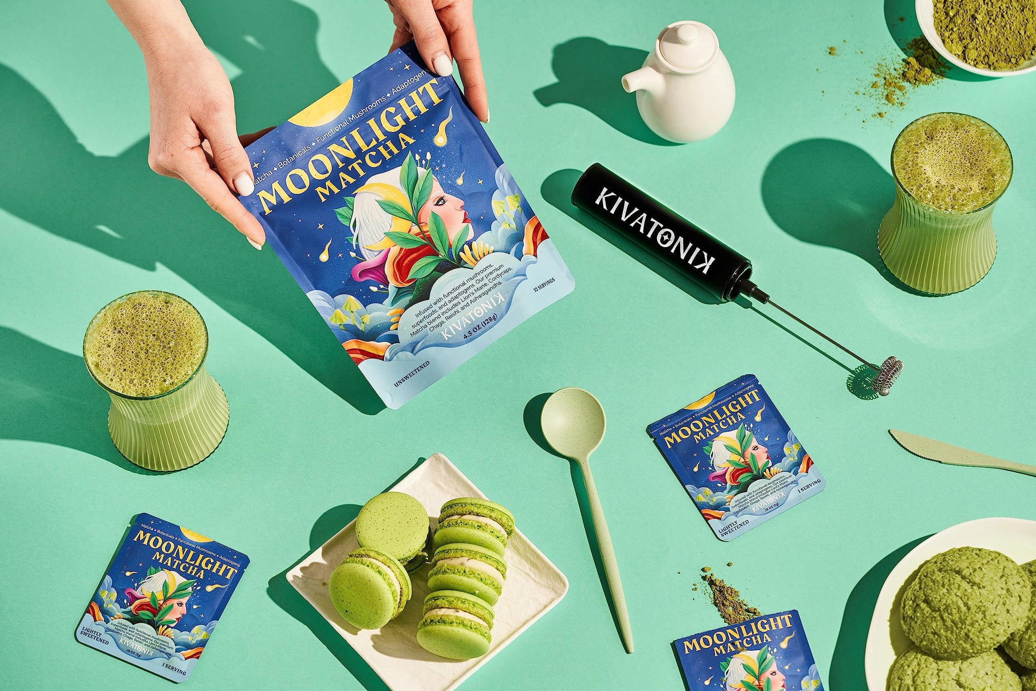 KIVATONIK Moonlight Matcha - Ceremonial Matcha with Organic Functional Mushrooms and Adaptogens - Lion's Mane, Cordyceps, Chaga, Reishi
