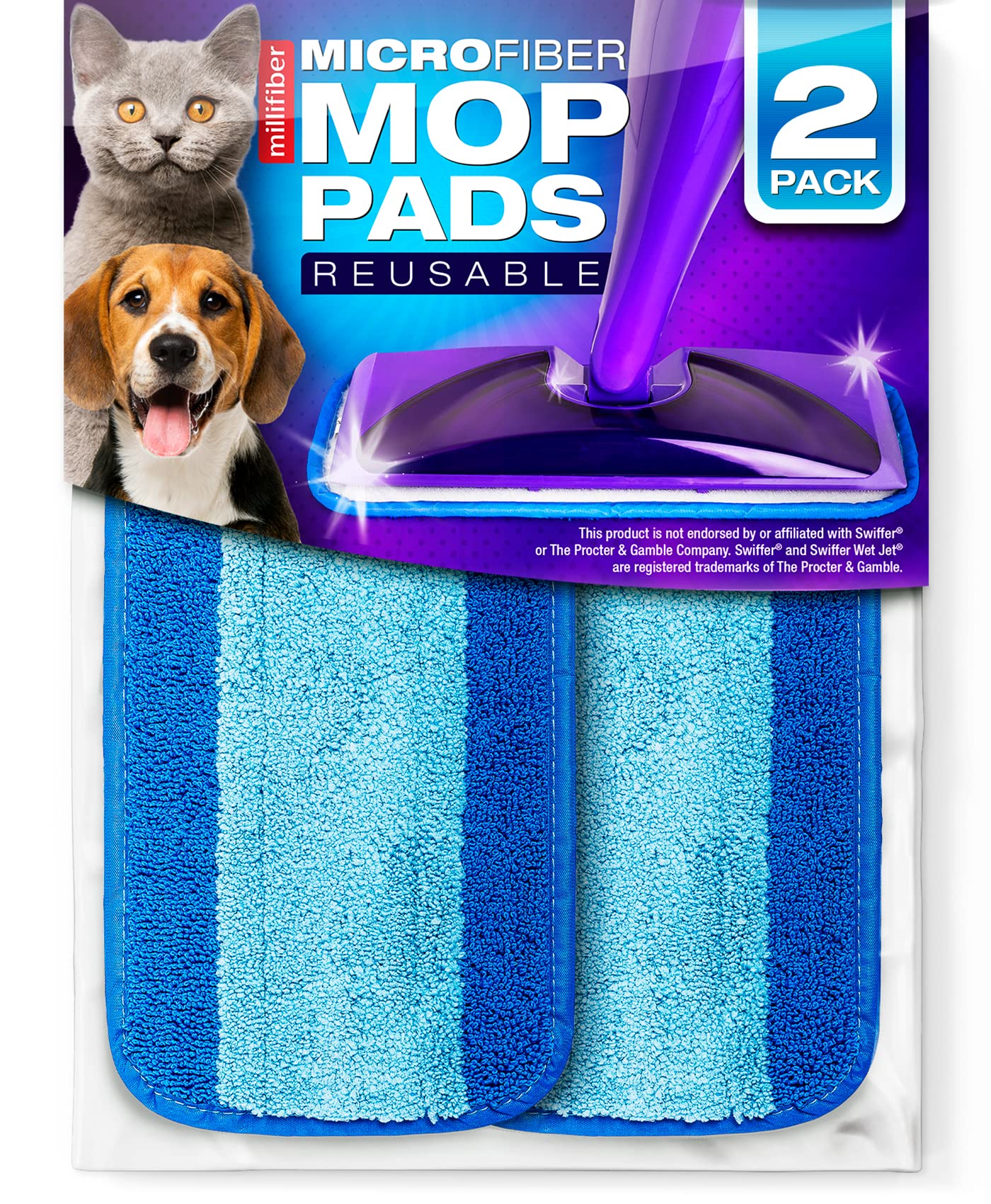Millifiber Reusable Mop Pads Compatible with Swiffer WetJet (2 Pack) - Microfiber Mop Refill for Wet Mopping Cloths - Hardwood Floor Cleaning Spray