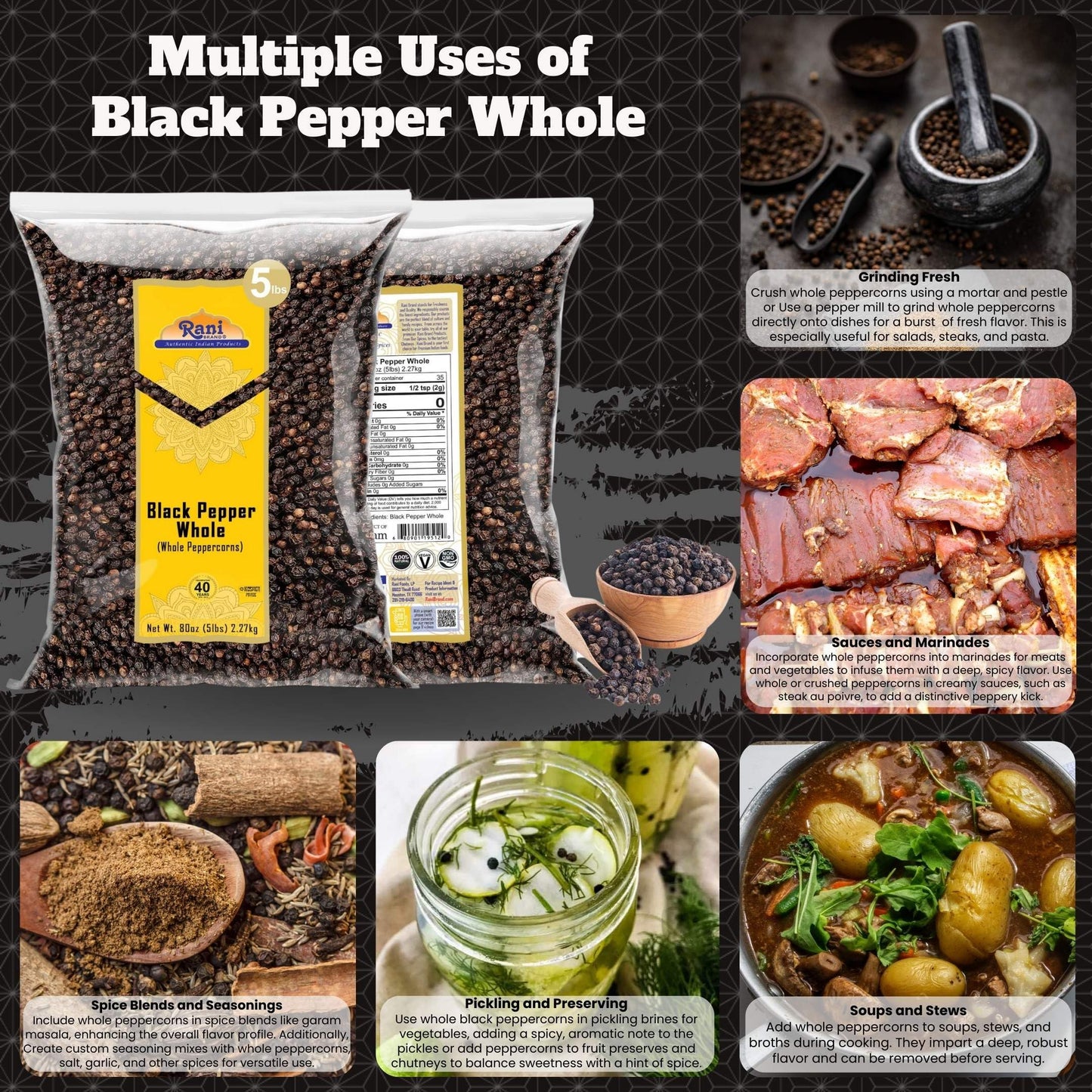 Rani Black Pepper Whole (Peppercorns), Premium MG-1 Grade 80oz (5lbs) 2.27kg Bulk ~ All Natural | Gluten Friendly | Non-GMO | Kosher | Product