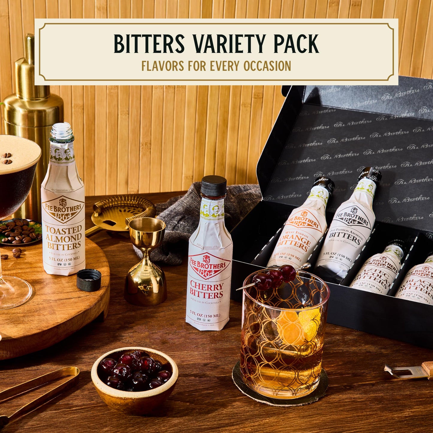 Fee Brothers Bitters Variety Gift Pack - Orange, Old Fashioned, Cherry, Chocolate, Black Walnut & Toasted Almond for Craft Cocktails & Home Bartending