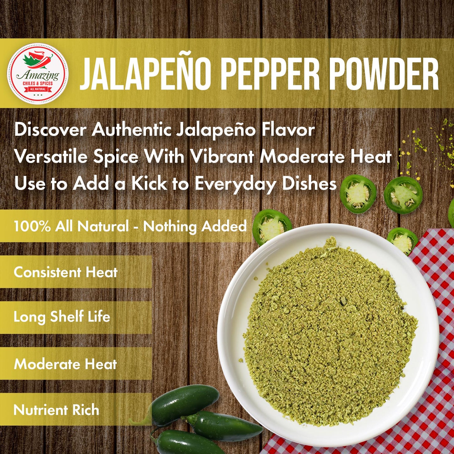 Jalapeno Powder Seasoning 4oz - Natural and Premium. Great For Chili, Salsa, Spice Blends, Stews, Tacos, Corn Bread. Medium to High Heat - fruity