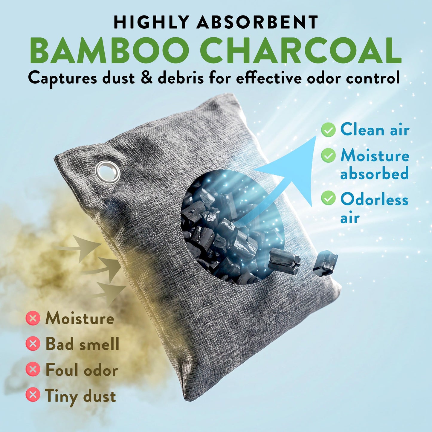 Charcoal Odor Absorber for Strong Odor (6 Pack, 100g each), Bamboo Charcoal Air Purifying Bag, Basement Musty Odor Eliminator Deodorizer, Activated