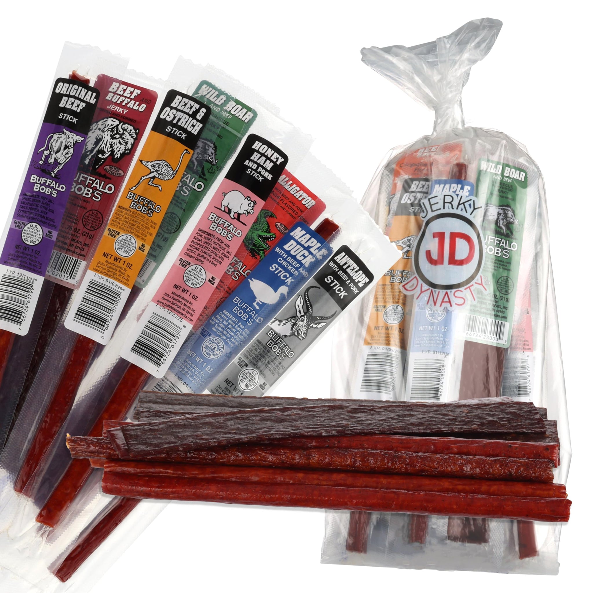 Jerky Dynasty The Ultimate 27-Piece Exotic Jerky Gift Set - Buffalo Bob's Wild Game Jerky Variety Pack - Exclusive Flavors & Protein Snack