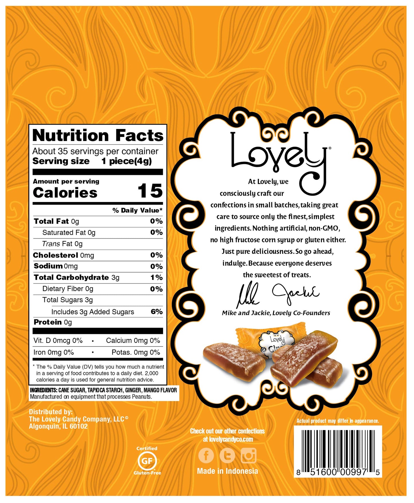Lovely Candy Co. Mango Ginger Chews, Made with Real Ginger, Individually Wrapped, 5oz (6-Pack) | Gluten-Free, Non-GMO, NO Artificial Ingredients, NO