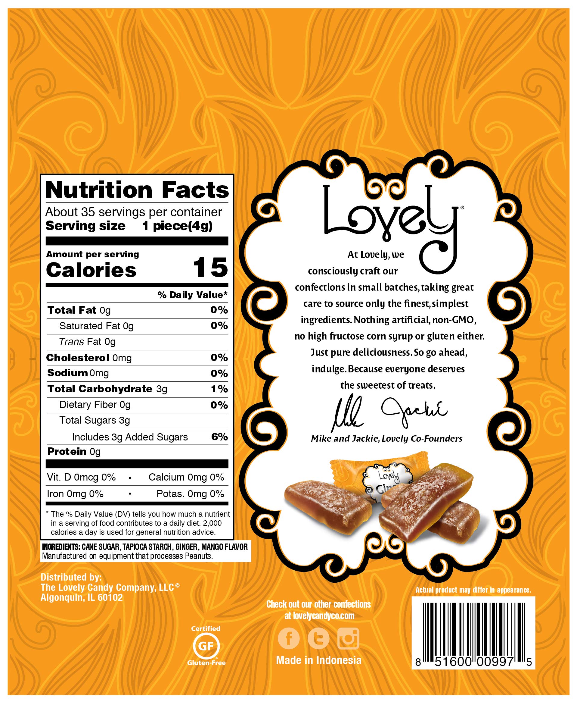 Lovely Candy Co. Mango Ginger Chews, Made with Real Ginger, Individually Wrapped, 5oz (6-Pack) | Gluten-Free, Non-GMO, NO Artificial Ingredients, NO