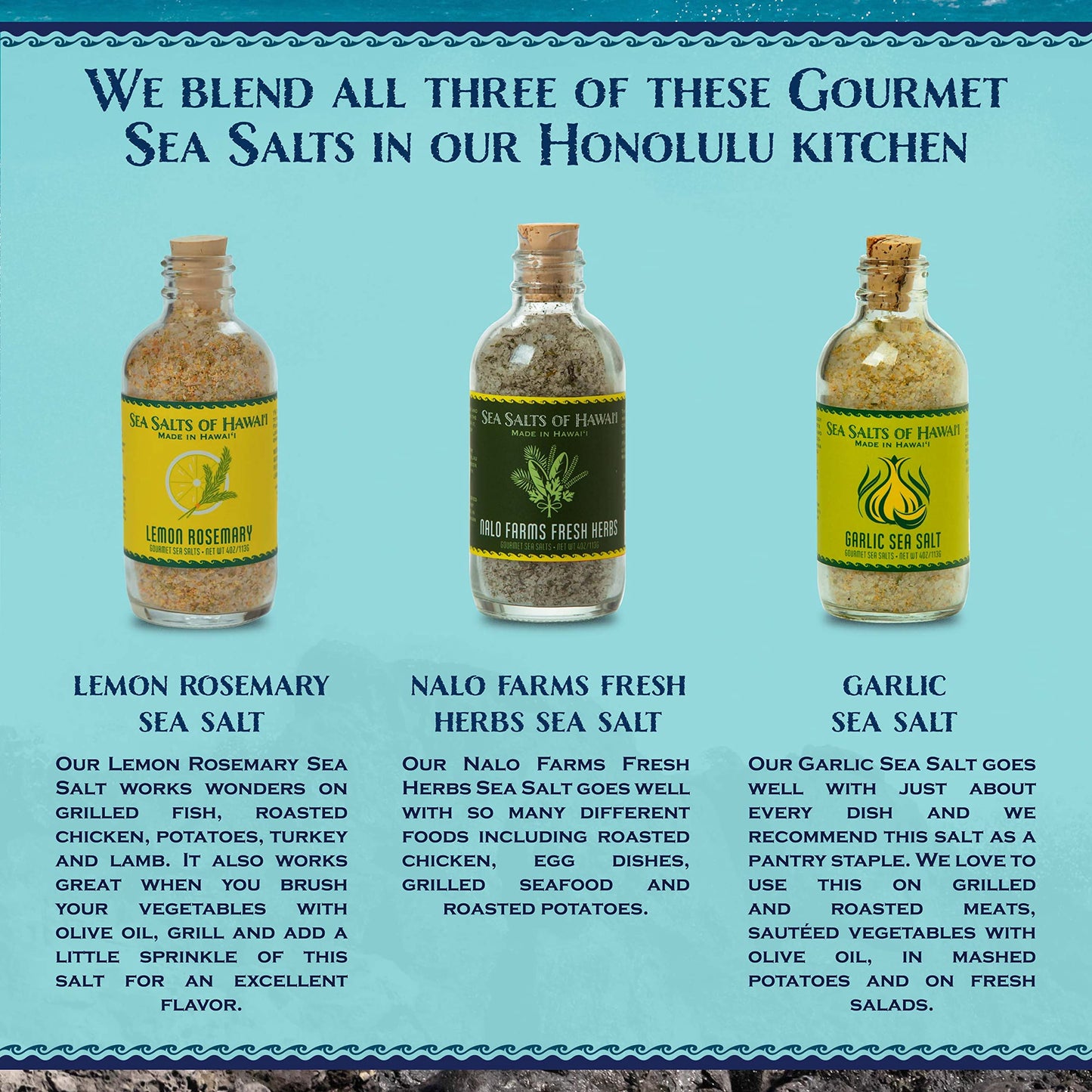 Sea Salts of Hawaii Variety 3 Pack, Lemon Rosemary Salt, Roasted Garlic Salt, Fresh Farm Herbs Flavored Hawaiian Sea Salt