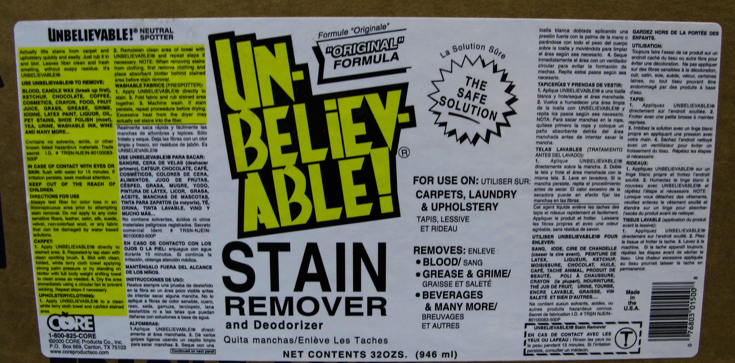 Core Products Unbelievable! Stain Remover, 32 oz Bottle, Case of 12