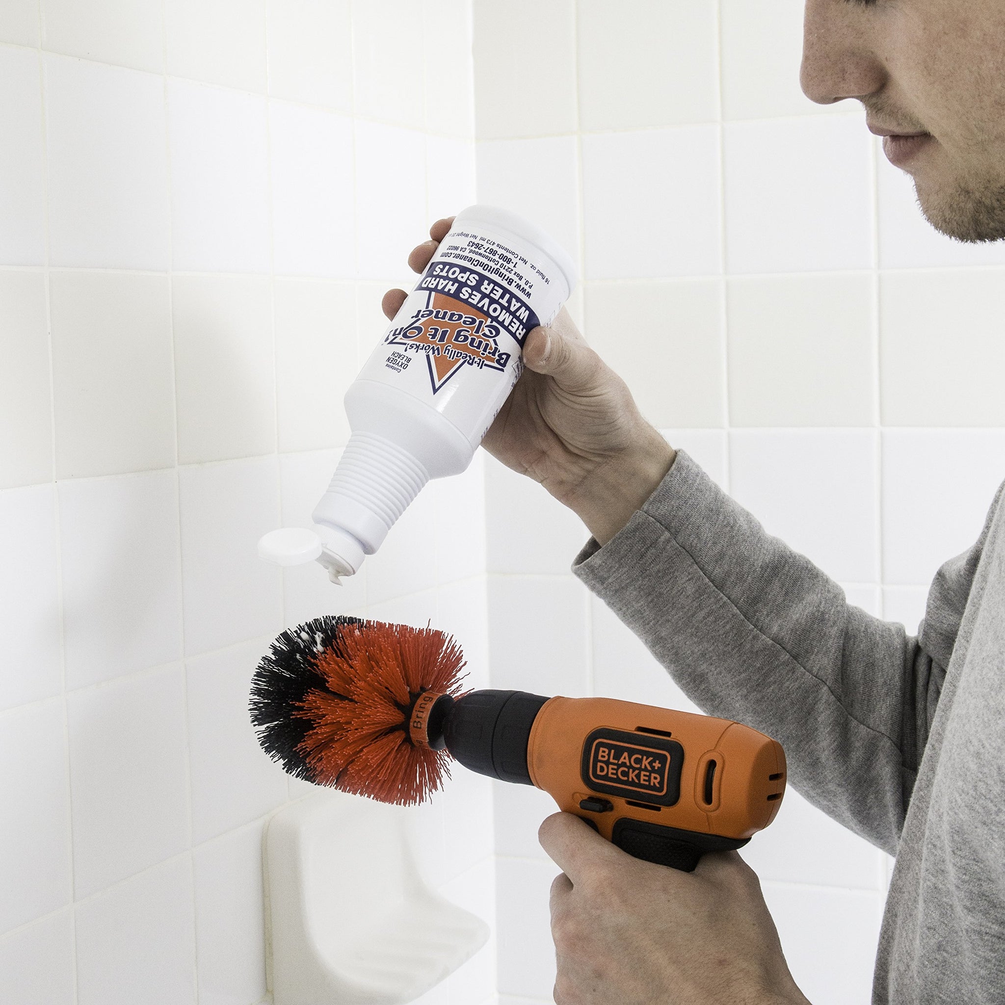 Bring It On Cleaner Hard Water Stain Remover + Grout Brush Cleaner Drill Brush Set, Shower Door, Tile Floor Cleaner, Great Baseboard Cleaner Tool