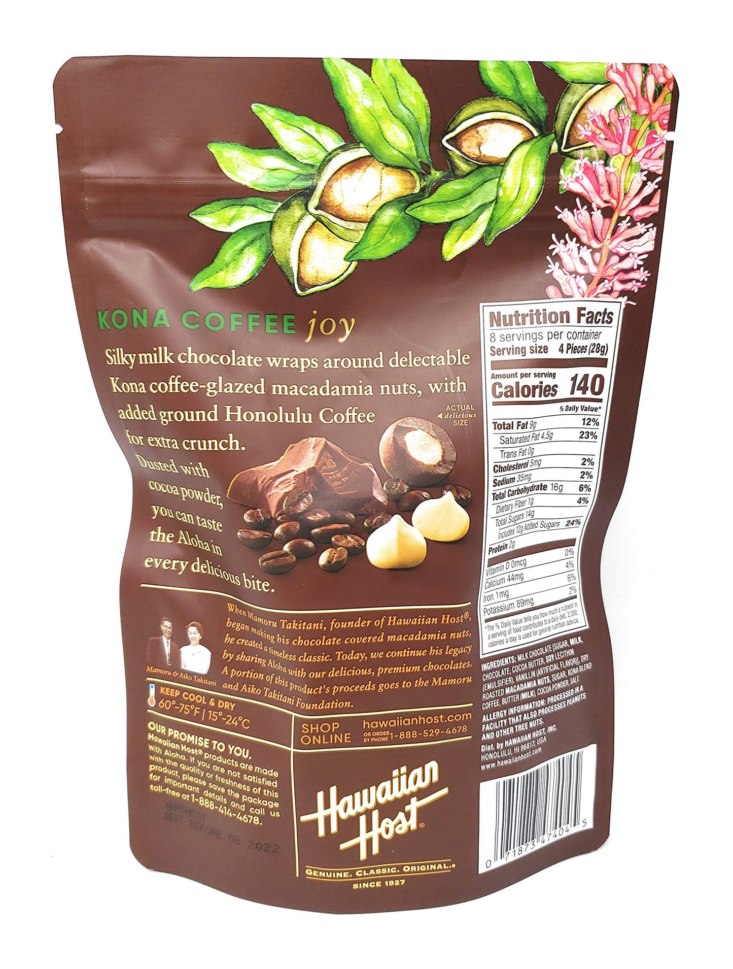 Hawaiian Host Paradise Collection - Kona Coffee Milk Chocolate Macadamia Nuts - 8 Oz Bag