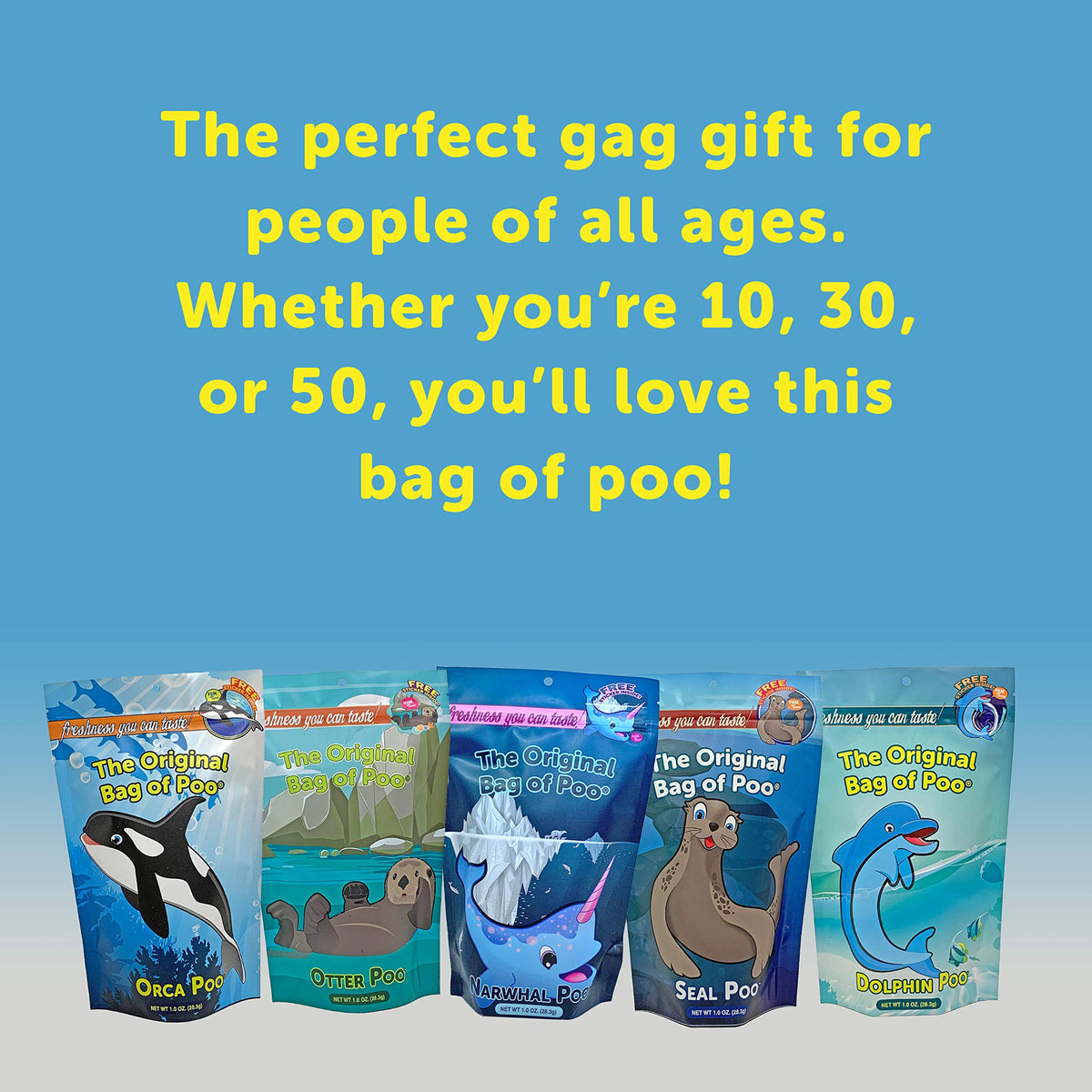 The Original Bag of Poo®, Orca Poo (Vanilla Flavor Cotton Candy) Novelty Poop Gag Gift. Free sticker inside.