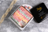Mughe Gourmet Turkish Delight Candy Elegant Tin Box - 2.87lb/1300g - Halal, Vegan Lokum Fruit Flavors Rose, Strawberry, Lemon, Orange, Mint - Gift
