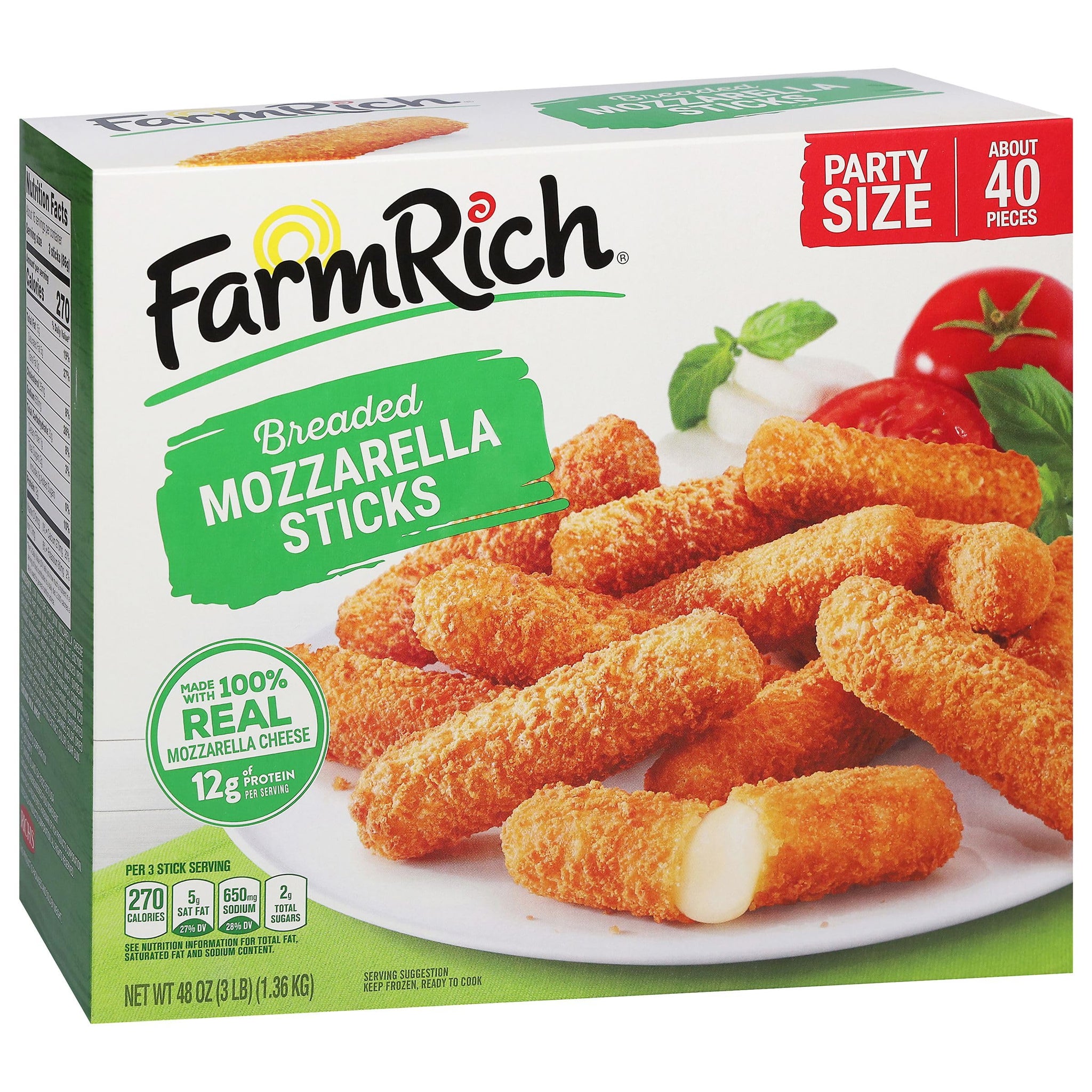 Farm Rich Mozzarella Cheese Sticks - Frozen Appetizers for Parties, Breaded Cheese Stick, 48 oz Pack - Farm Rich Snacks
