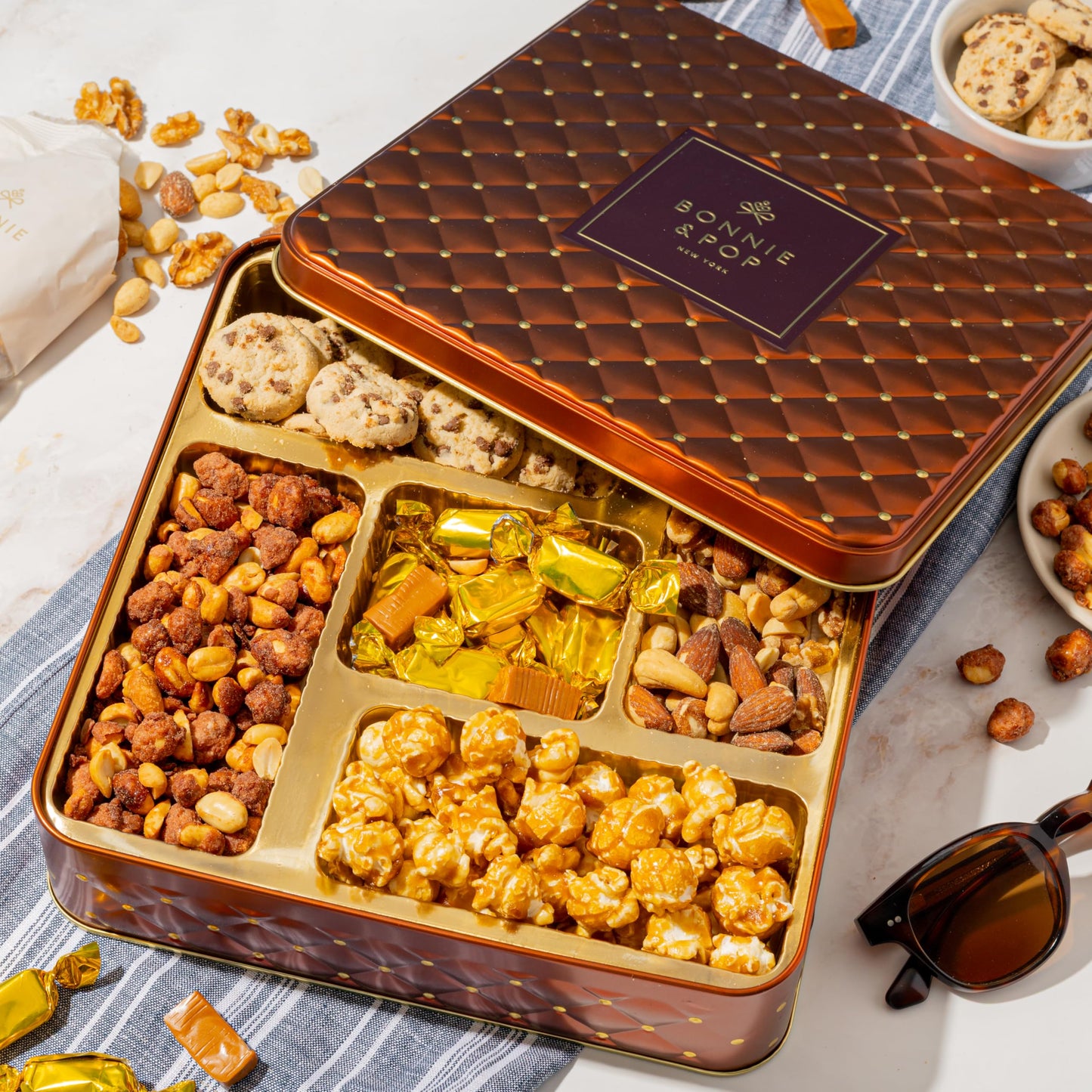 Caramels and Nut Sweet and Savory Gift Basket for Christmas Gifts, Dad, Men, Women, Holiday Parties | Gourmet Holiday Snack Tin Box | Churro Cinnamon
