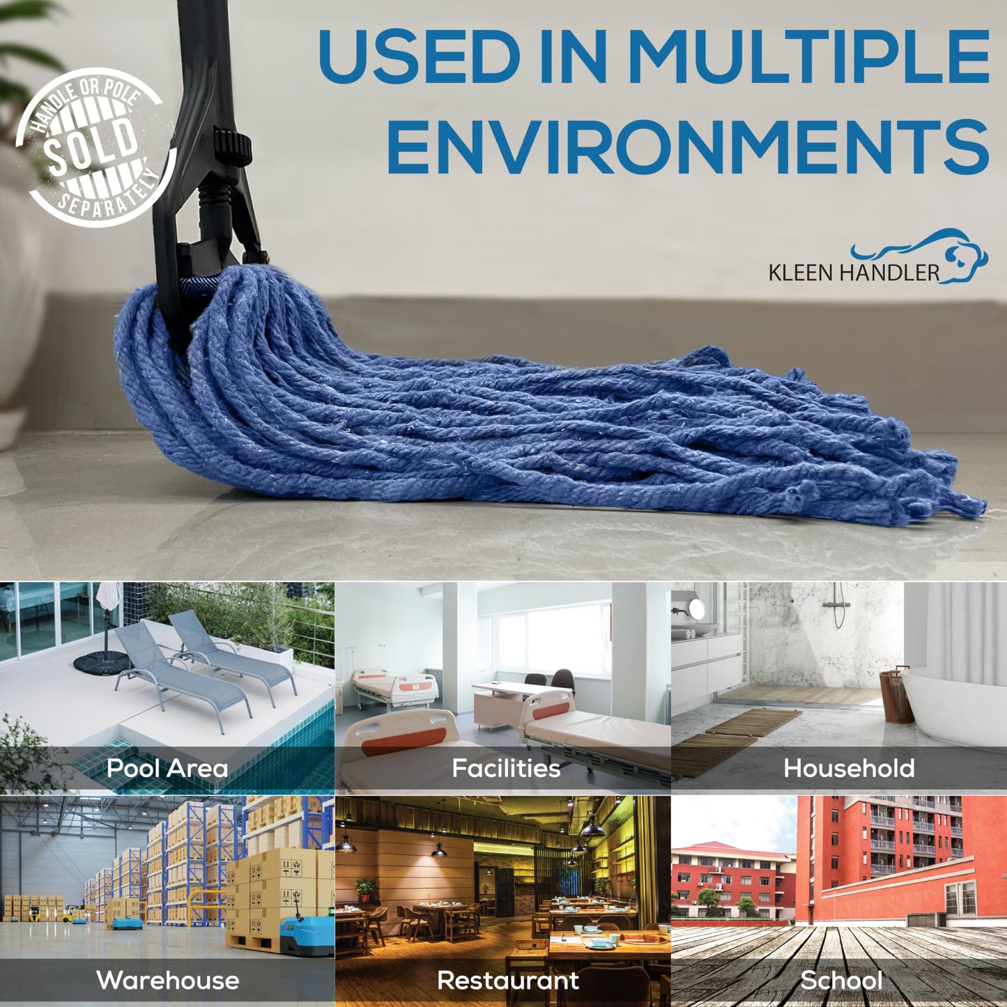 Pack of 3 Cut End Blended Mop Head Replacement, 1.25-inch Universal Headband, Wet Mop Refills, Blue, 16 Oz