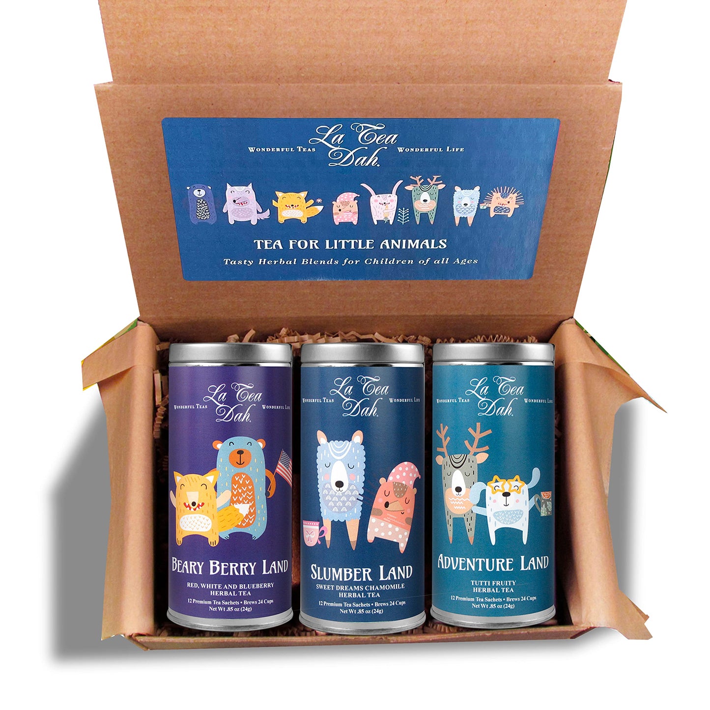 Little Animals Tea Gift Basket by La Tea Dah, Caffeine Free Teas for Kids, Children's Herbal Tea Sampler for Movie Night, Baby Shower, Party Supplies