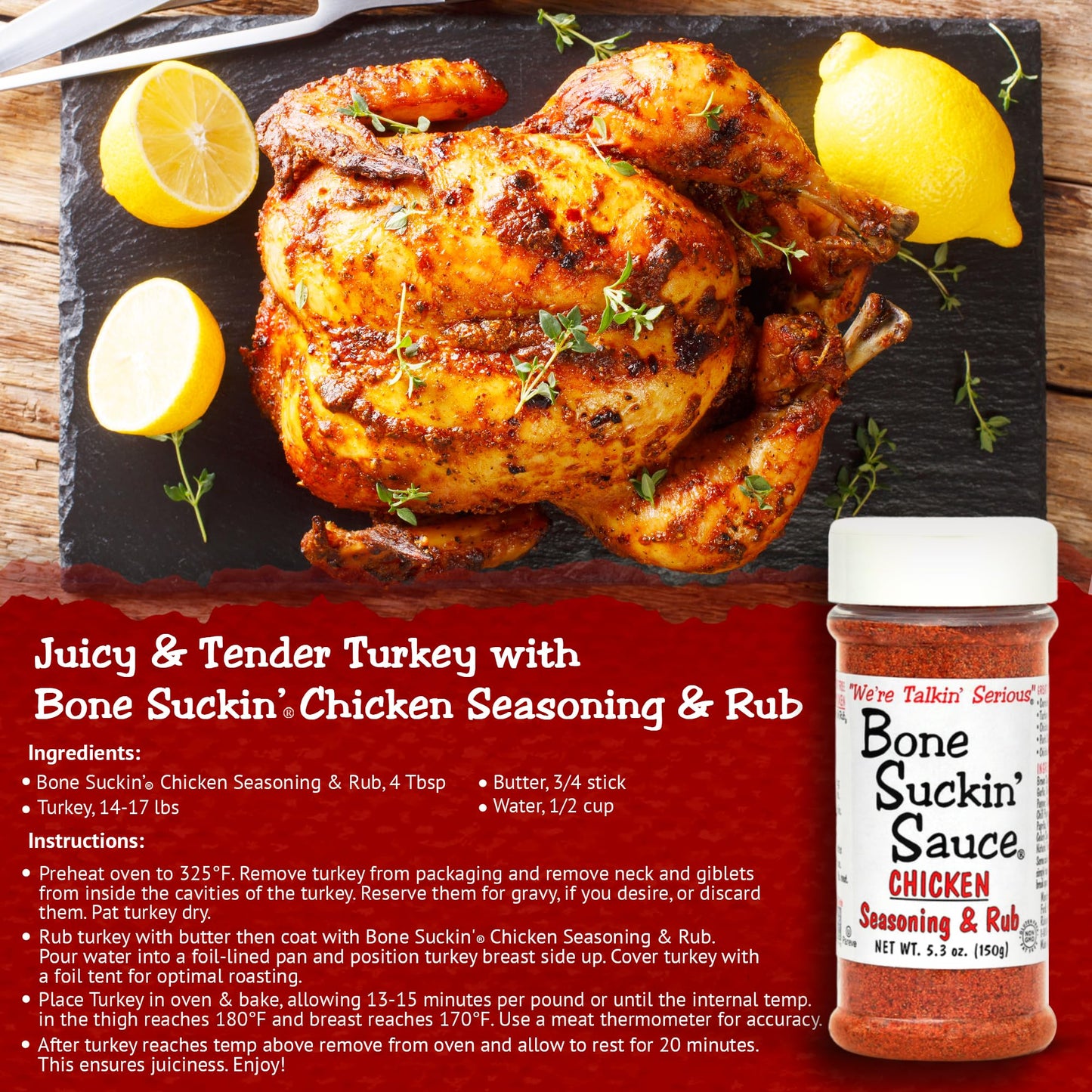 Bone Suckin' Sauce Chicken Seasoning & Rub with Garlic & Sage, Perfect for Chicken, Turkey, Other Poultry, Fish - Brown Sugar, Garlic, Onion, Spices