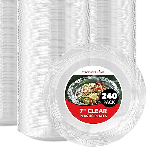Stock Your Home 240-Count, 7 Inch Clear Plastic Plates, Flexible, Disposable Heavy Duty Party Dinner Plate, for Wedding Reception, Holiday Parties
