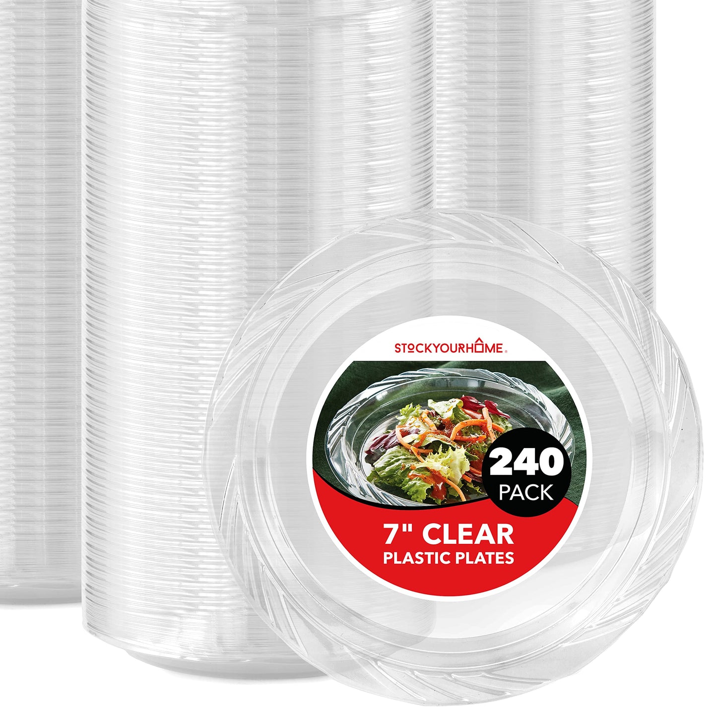 Stock Your Home 240-Count, 7 Inch Clear Plastic Plates, Flexible, Disposable Heavy Duty Party Dinner Plate, for Wedding Reception, Holiday Parties