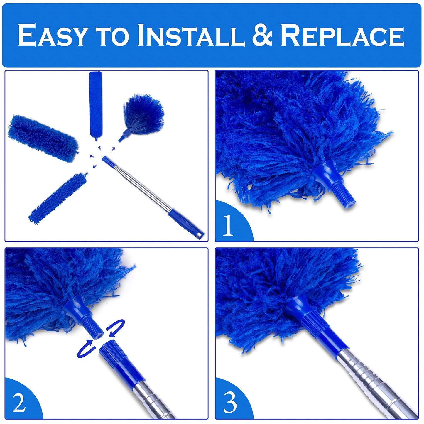 Microfiber Duster with Extension Pole - 4 Piece Dusters Set - Extends 15 to 80 Inches - Ceiling Fan Cleaner - Perfect for Cobwebs, Spider Webs