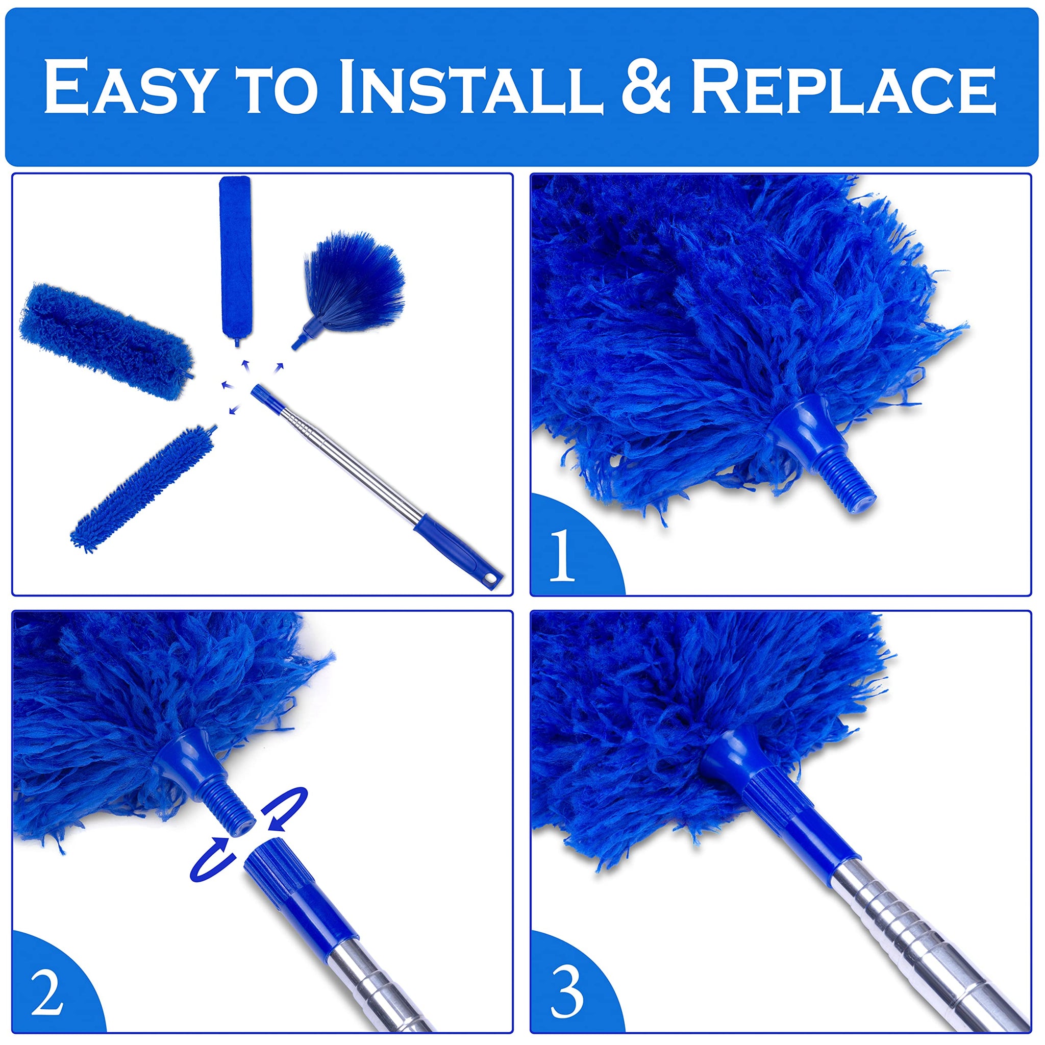 Microfiber Duster with Extension Pole - 4 Piece Dusters Set - Extends 15 to 80 Inches - Ceiling Fan Cleaner - Perfect for Cobwebs, Spider Webs