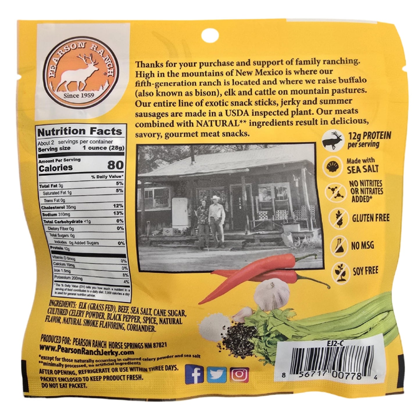 PEARSON RANCH Grass Fed Elk Jerky Pack of 2 Exotic Meat Jerky, Gluten-Free, Low-Carb, MSG-Free, High-Protein Grass-Fed, Paleo and Keto Friendly Snacks