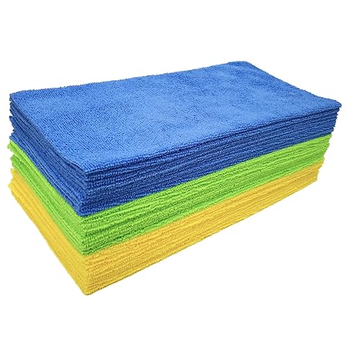 POLYTE Microfiber Cleaning Cloth Ultrasonic Cut Edgeless, 14 x 14 in (36 Pack, Blue,Green,Yellow)