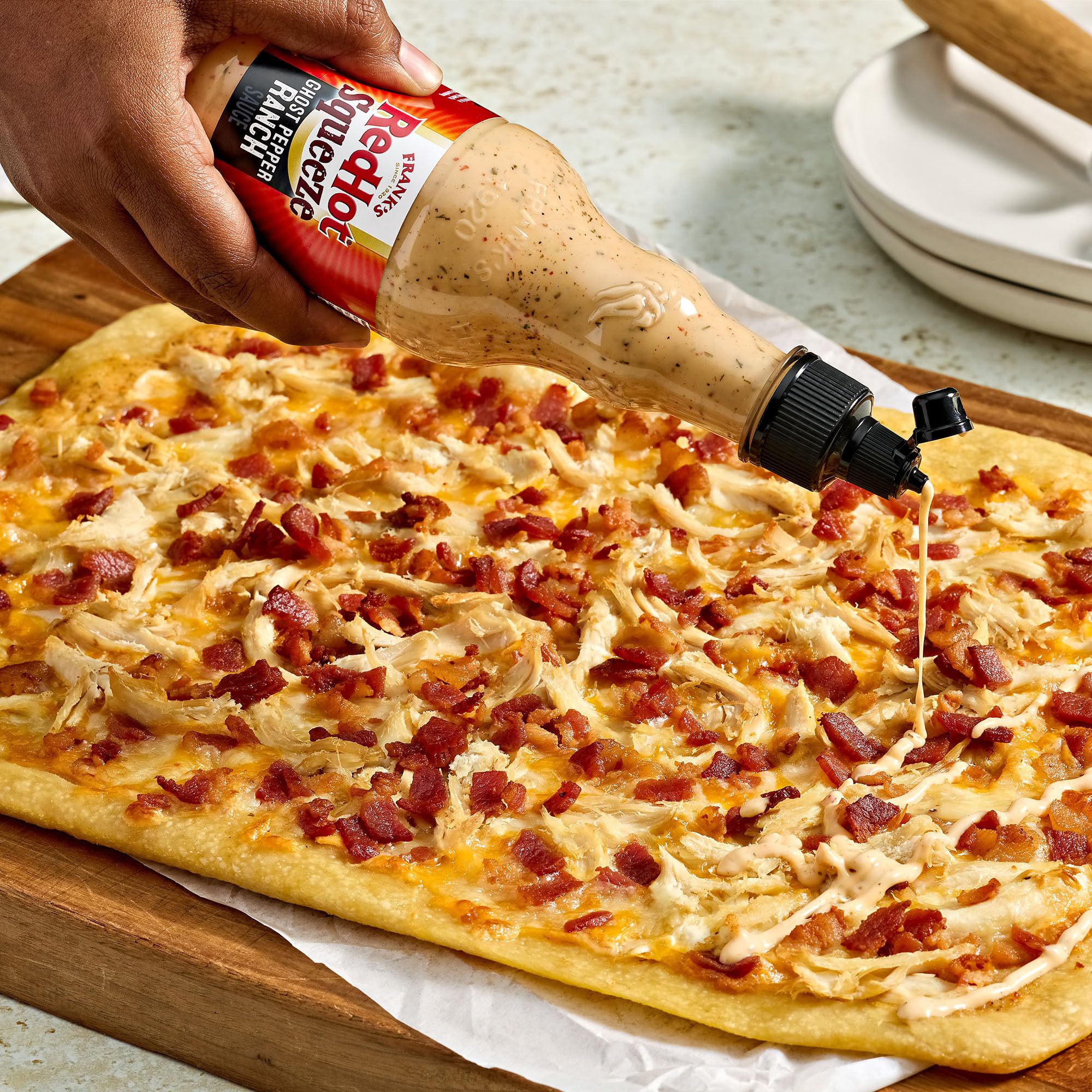 Frank’s RedHot Hot Sauce, Ghost Pepper Ranch, Squeeze Bottle, Hot Heat, Ghost Pepper Heat and Cool, Creamy Ranch, Squeeze On Burgers, Pizza, Salads