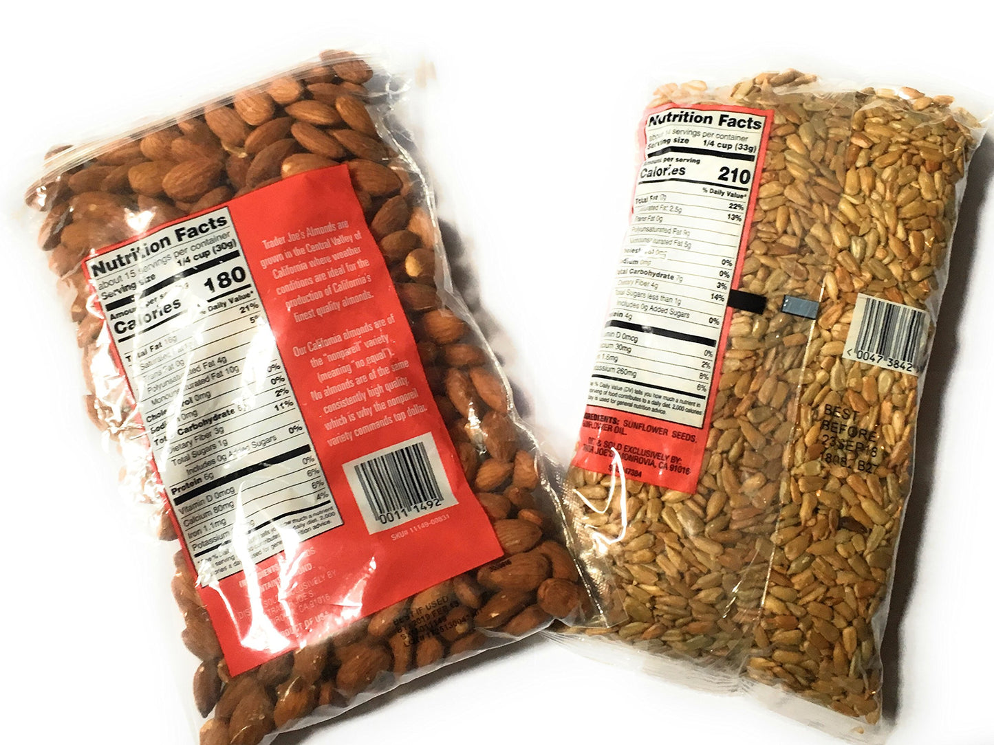 Trader Joes Nut Bundle Featuring 1 Pack of California Dry Roasted Unsalted Almonds and 1 Package of Hulled Roasted Unsalted Sunflower Seeds - A