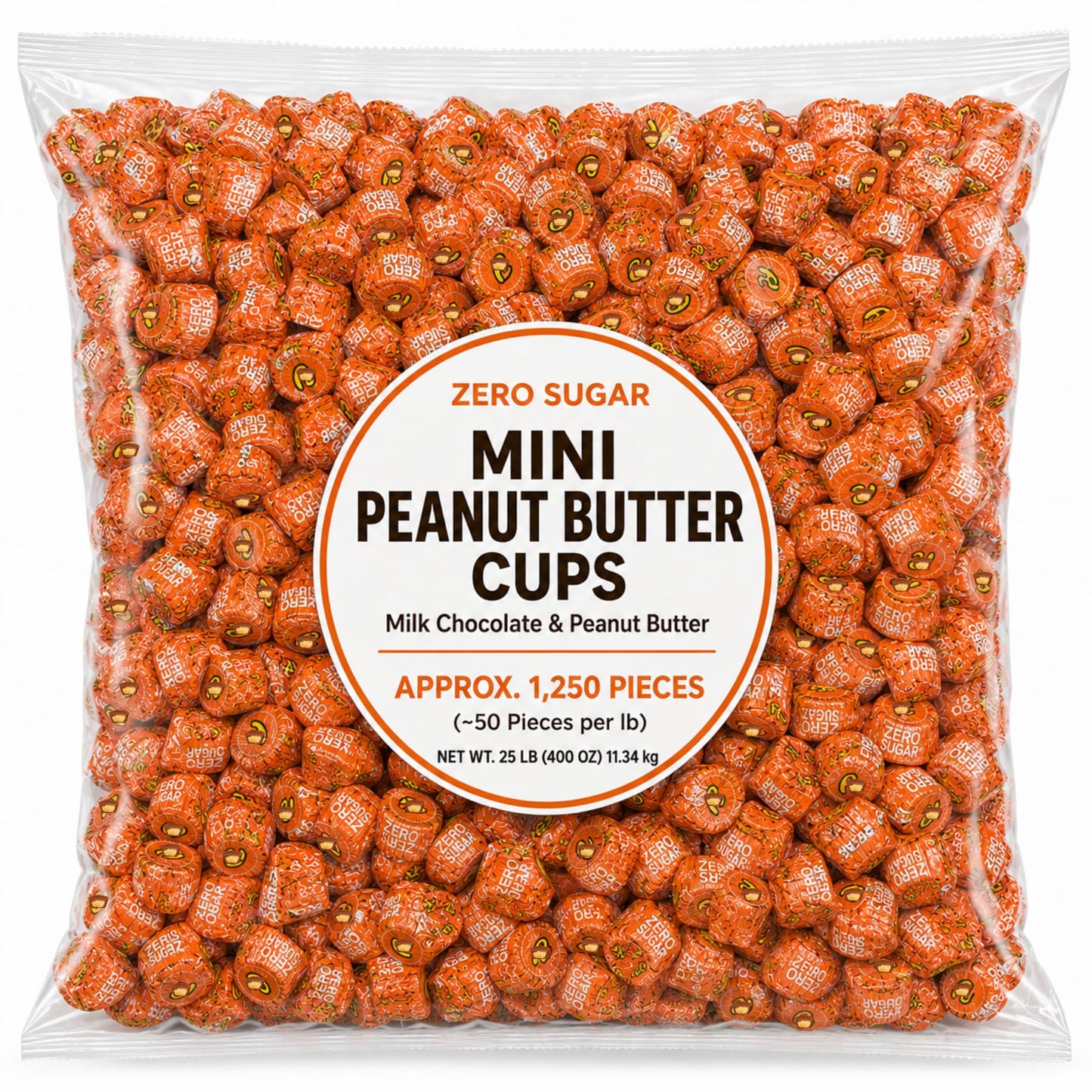 Sugar Free Mini Peanut Butter Cups Candy Individually Wrapped Bulk Bag - 25 lb (Approx. 1250 pieces)