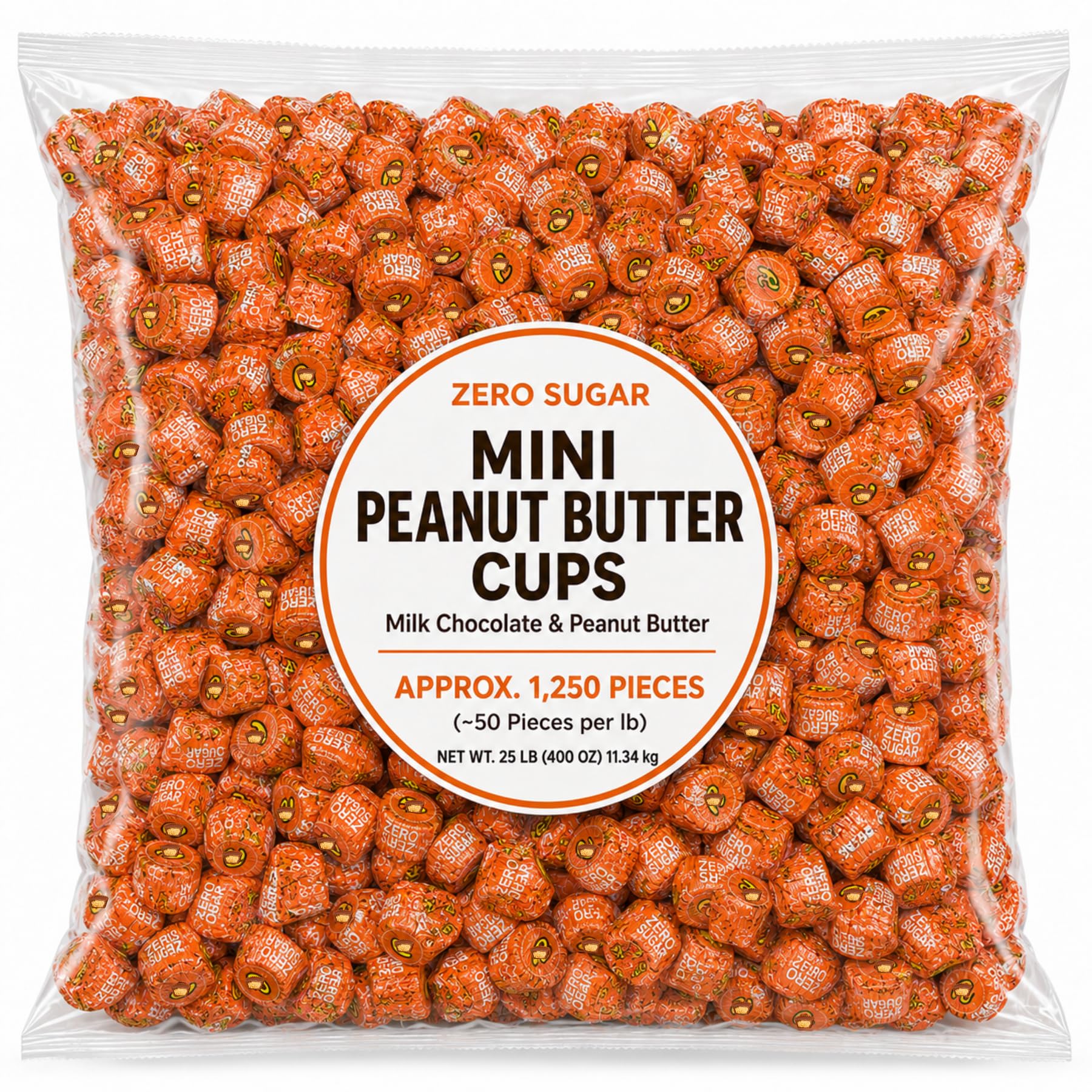 Sugar Free Mini Peanut Butter Cups Candy Individually Wrapped Bulk Bag - 25 lb (Approx. 1250 pieces)