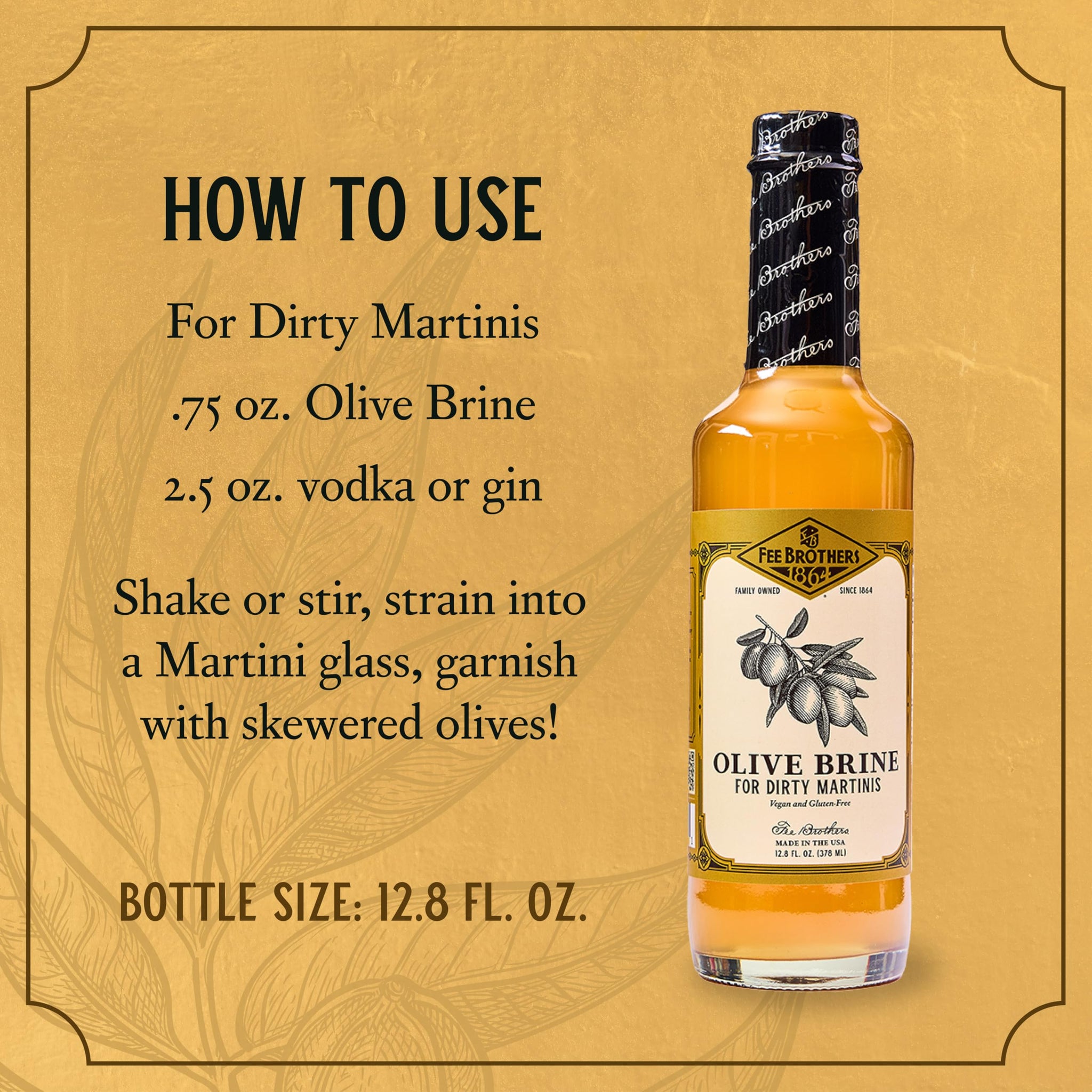 Fee Brothers Olive Brine - Dirty Martini Olive Juice, Cocktail Mixer, Hand Crafted in the USA, 12.8 Fl Oz