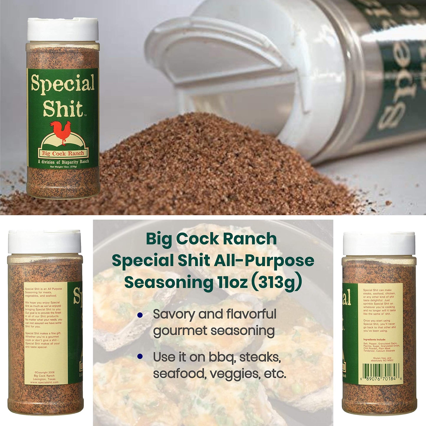 Big Cock Ranch Gourmet Seasoning Bundle All-Purpose Special Shit 13oz, Bull Shit for Steak 12oz, Good Shit Sweet N' Salty 11oz and Chicken Shit 12oz